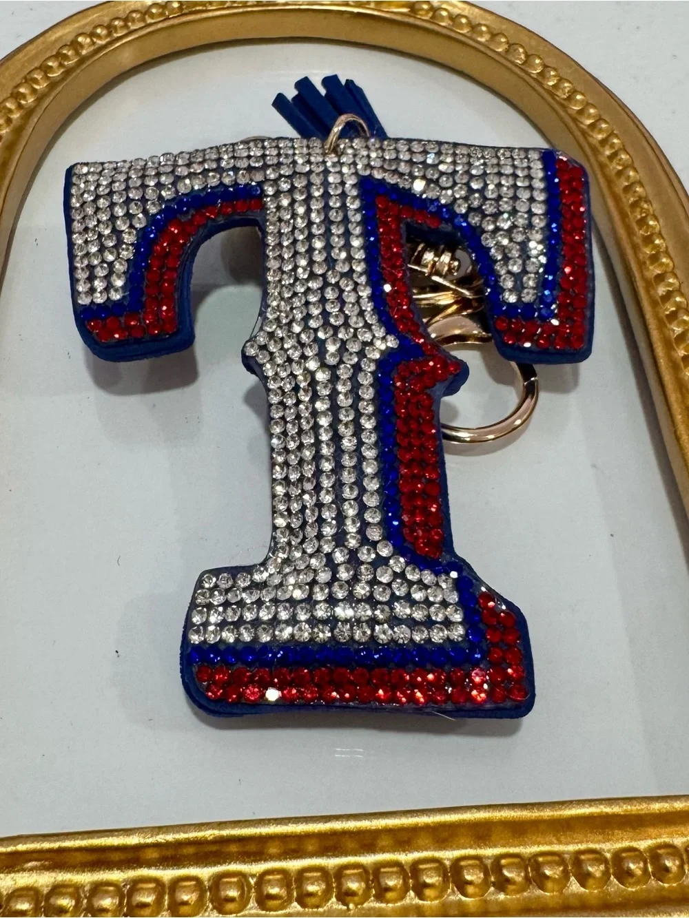 New Crystal-Embellished Letter T Keychain - Blue, Red & Silver